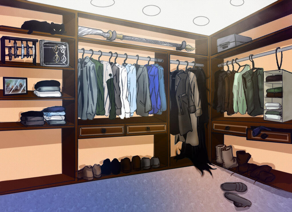 Shen Wei is wearing a blue suit and holding onto the lapels of Zhao Yunlan's brown leather jacket.